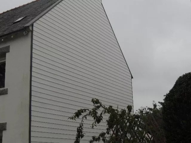 Façade latérale d’une maison avec bardage en métal et toit en ardoise.